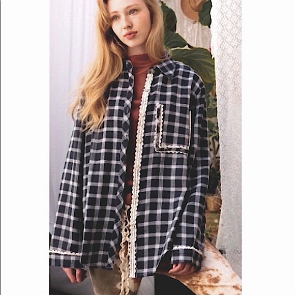 #3600 POL Comfy Navy Plaid Top With Crochet Lace - Picture 7 of 16